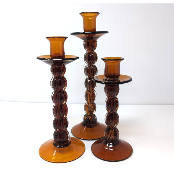 VTG Bombay Company Candlestick Trio Amber Brown Glass 3 Candle Holders 1 FLAWED - Picture 2 of 10
